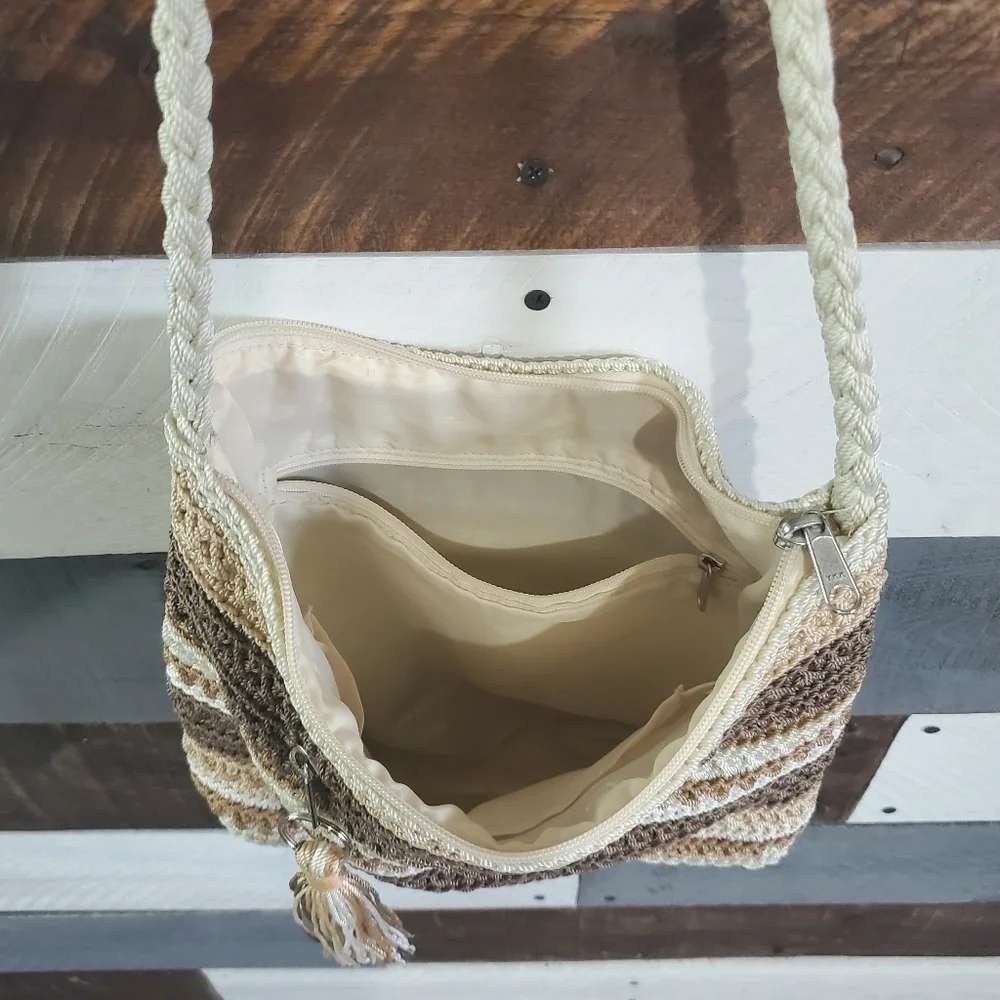 THE Sak Striped Brown Tan Cream Hobo Shoulder Bag Purse - Picture 12 of 14